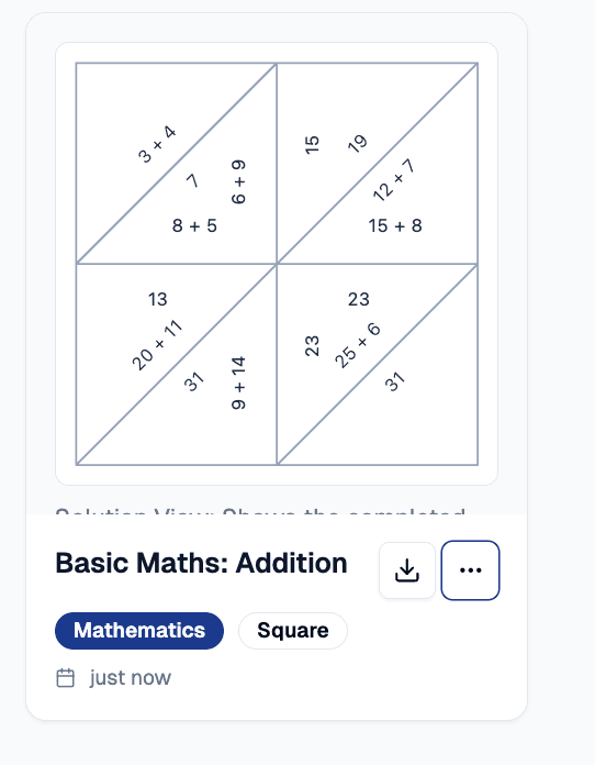 A puzzle card in the Tarsia.ai library for 'Basic Maths: Addition', showing a download button and a three-dot more-options button.