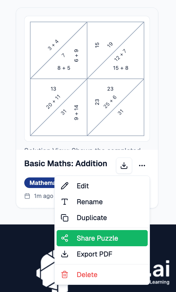 The puzzle card's more-options menu open, listing Edit, Rename, Duplicate, Share Puzzle, Export PDF, and Delete, with Share Puzzle highlighted.