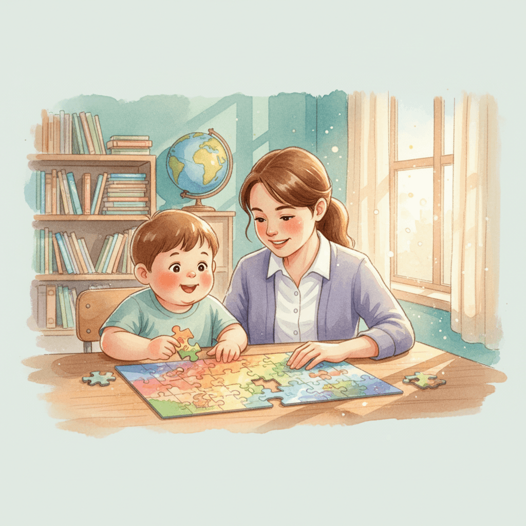 A teacher and student working on a puzzle together